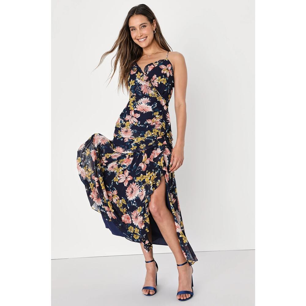 Lulus Stunning Soiree Navy Blue Floral Print Ruched Event Midi Dress XL
